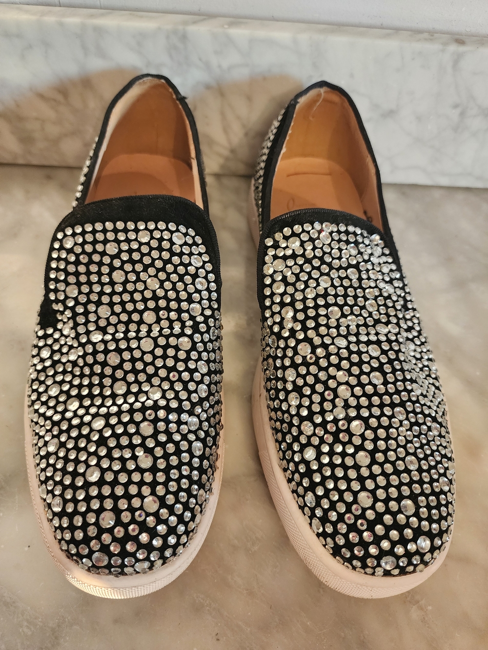 Christian Louboutin Black Crystal-Studded Slip-Ons for Men